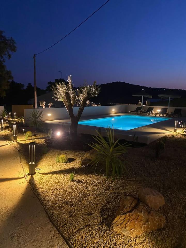 Iluminação paisagística noturna em jardim com piscina e árvores destacadas